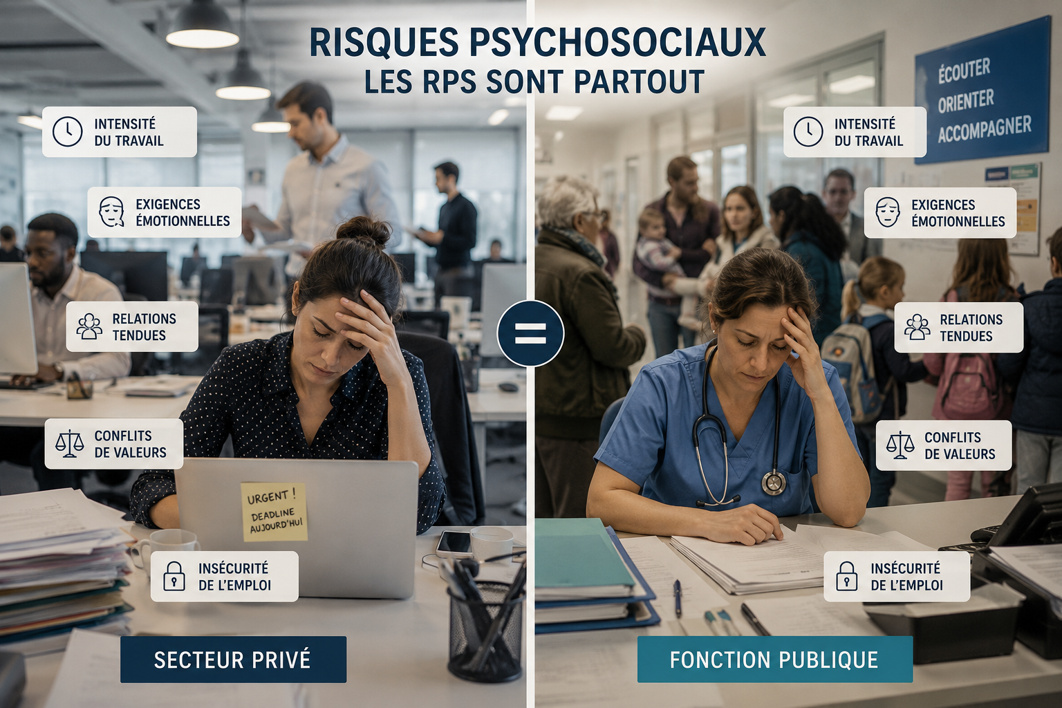 Infographie intitulée « Risques psychosociaux – Les RPS sont partout » comparant le secteur privé et la fonction publique. L’image est divisée en deux parties : à gauche, un open space représentant des salariés du privé stressés et débordés ; à droite, un environnement de service public (hôpital ou administration) avec des agents également sous pression.

L’infographie présente des chiffres comparatifs sur les risques psychosociaux : intensité du travail, exigences émotionnelles, comportements hostiles, conflits de valeurs et insécurité de l’emploi. Les pourcentages indiquent notamment que 45 % des salariés du privé et 47 % des agents publics travaillent sous forte pression, 27 % des salariés du privé contre jusqu’à la moitié des agents doivent cacher leurs émotions, et environ un tiers des personnes dans les deux secteurs déclarent des comportements hostiles.

Le visuel met en évidence une équivalence globale entre privé et public, soulignant que les risques psychosociaux concernent l’ensemble du monde du travail.