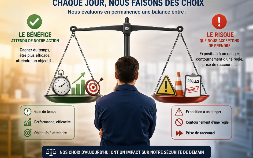 Représentation d'une balance qui permet l'arbitrage de choix en situation de travail entre les bénéfice et les risques équilibré avec un travailleur au milieu. Su le plateau où il y a les bénéfices (gains de temps, répondre aux objectifs, ...) et l'autres les risques (accidents, maladies, ...)