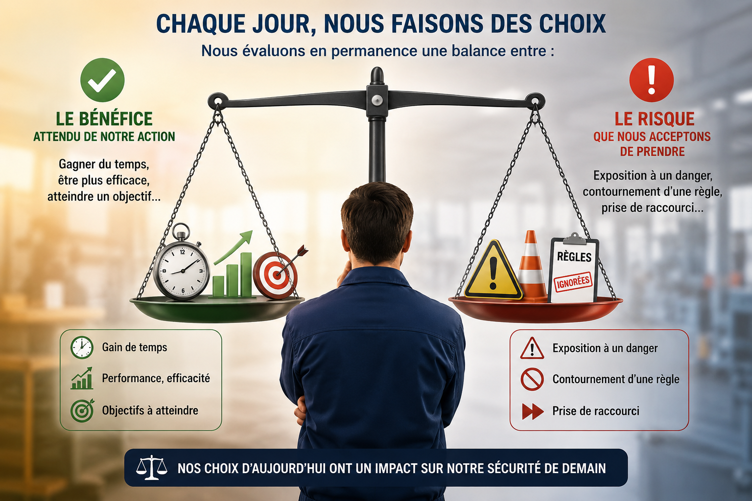 Représentation d'une balance qui permet l'arbitrage de choix en situation de travail entre les bénéfice et les risques équilibré avec un travailleur au milieu. Su le plateau où il y a les bénéfices (gains de temps, répondre aux objectifs, ...) et l'autres les risques (accidents, maladies, ...) 