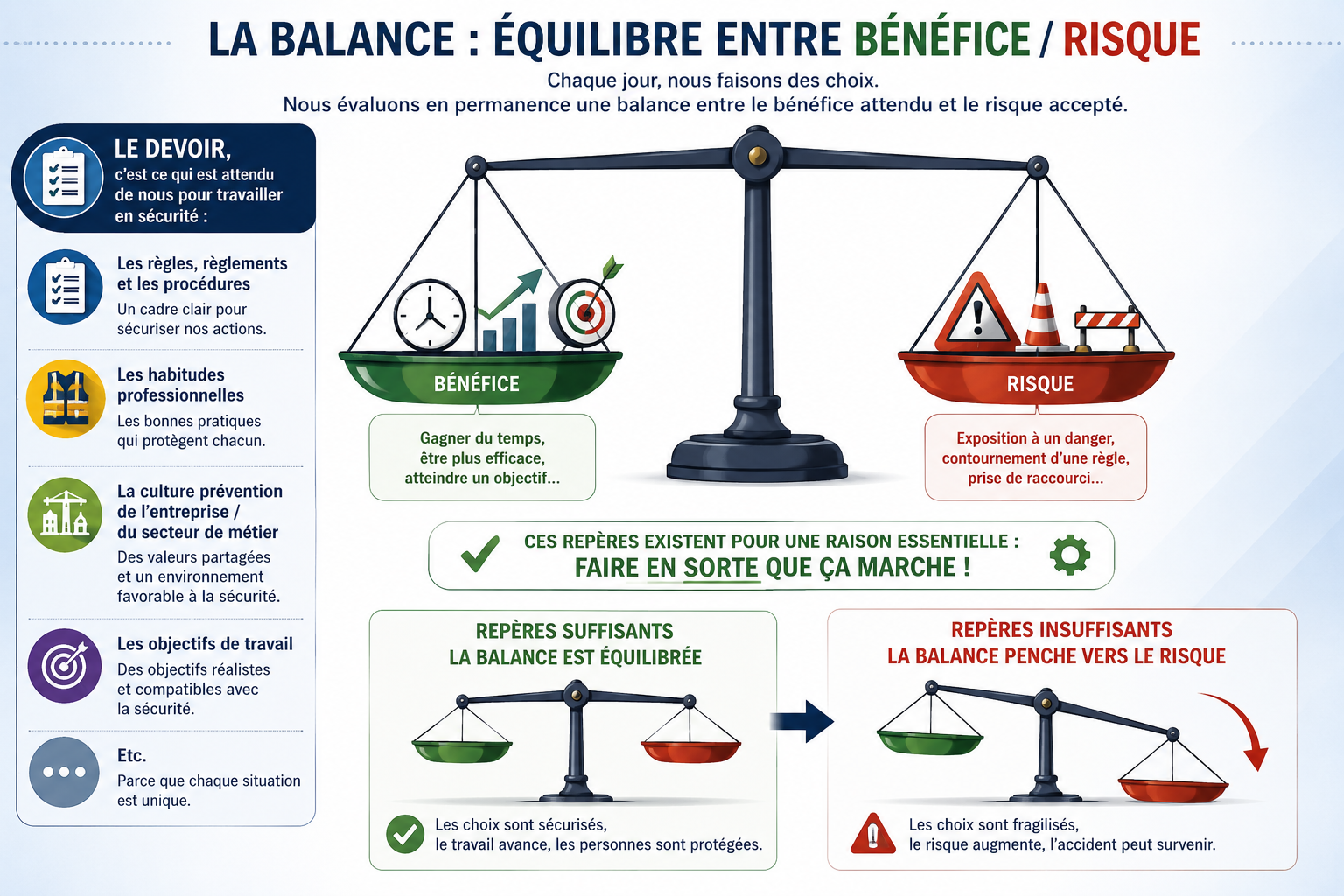 Balance représentant l'arbitrage entre bénéfice et risque en fonction des repères dans l'entreprise