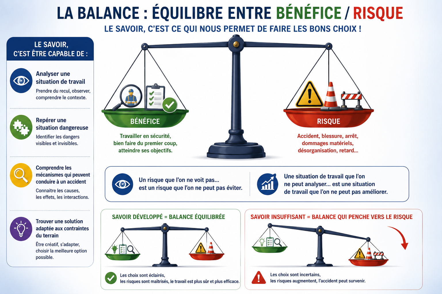 Image représentant l'arbitrage des choix par une balance bénéfice/risque - et représentant la valeur du savoir dans le basculement de cette balance 