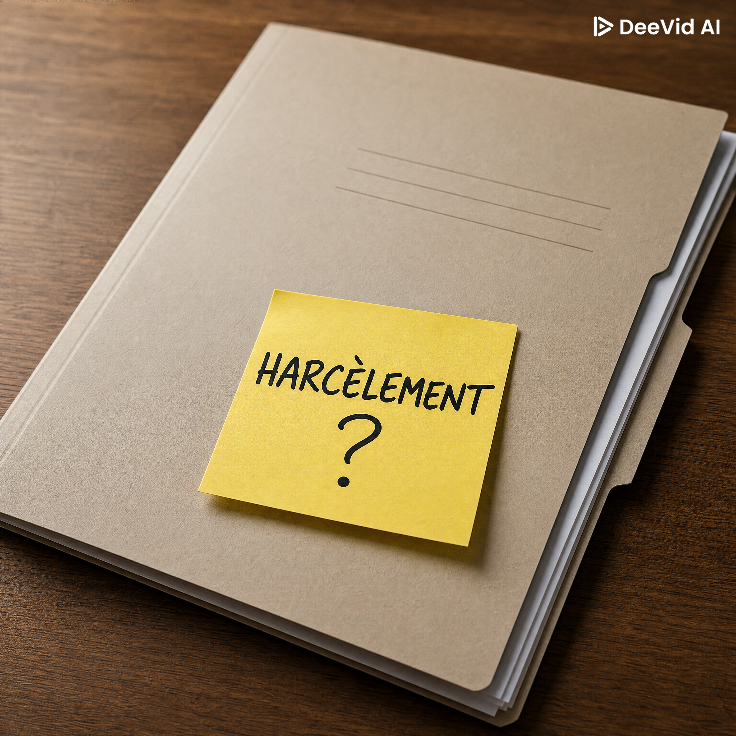 Une table en bois sobre. Un dossier de bureau. Un post-it jaune sur lequel est écrit à la main : HARCÈLEMENT ? 