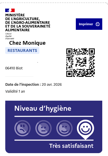 Exemple fictif d'une fiche Alim'confiance avec le niveau très satisfaisant, illustration pédagogique VIKARIA